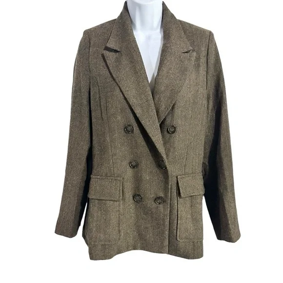 Paper Crane Brown Wool Blend Twill Double Breasted Blazer Jacket Size Small NWT - Picture 1 of 7